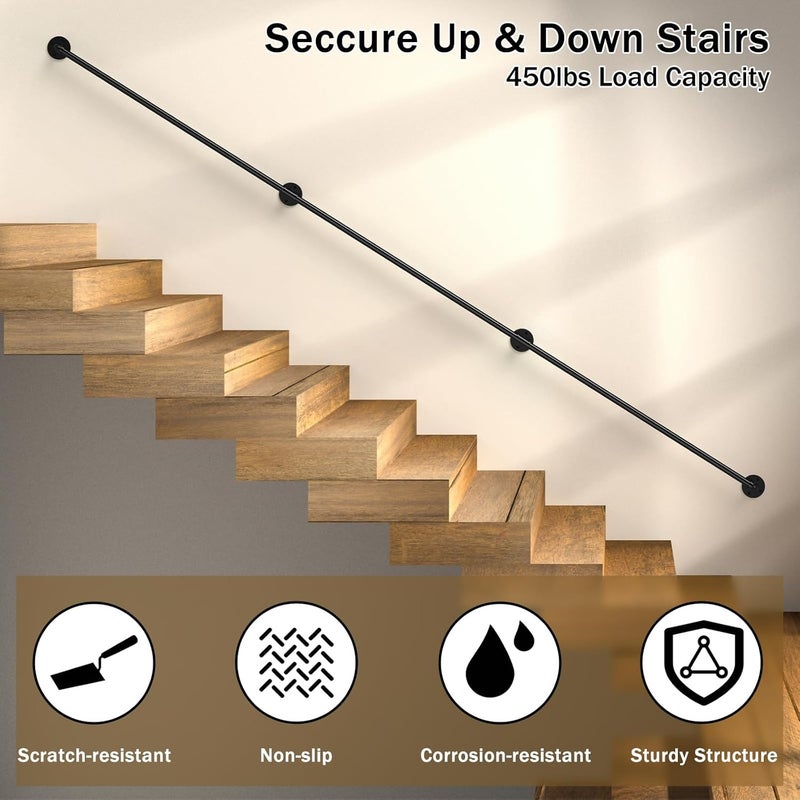 DAMEING 3FT Stair Railing Metal Stair Handrail, 440LB Wall-Mount Safety Hand Rail for Indoor & Outdoor Steps, Non-Slip Powder Coated Staircase Handrails Easy DIY Installation - Image 3